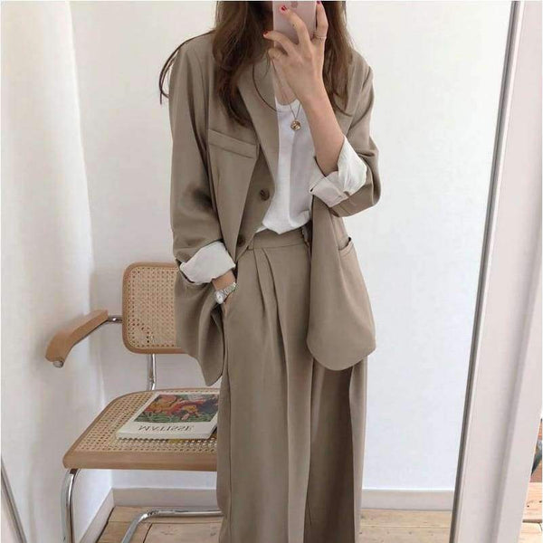 Planet Gates Women Pant Suits Boyfriend Style Single Breasted Blazer & Wide Leg Pants Casual 2 Pieces Set 2018 high quality