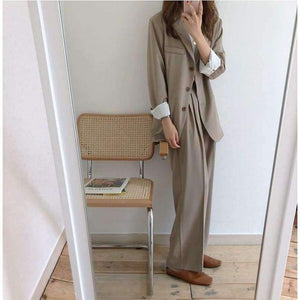 Planet Gates Women Pant Suits Boyfriend Style Single Breasted Blazer & Wide Leg Pants Casual 2 Pieces Set 2018 high quality