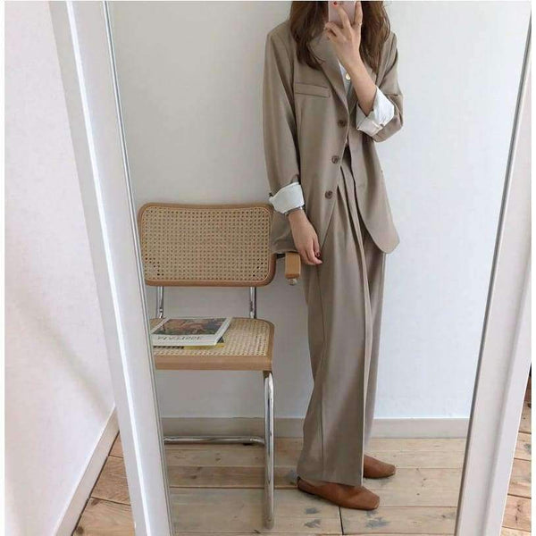 Planet Gates Women Pant Suits Boyfriend Style Single Breasted Blazer & Wide Leg Pants Casual 2 Pieces Set 2018 high quality