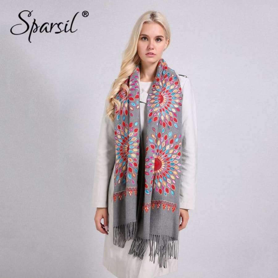 Planet Gates Women Quality Soft Cashmere Scarves Sun Flower Embroidery Warm Long Shawls Winter Knitted Scarf All Match Pashmina Wrap