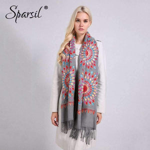 Planet Gates Women Quality Soft Cashmere Scarves Sun Flower Embroidery Warm Long Shawls Winter Knitted Scarf All Match Pashmina Wrap