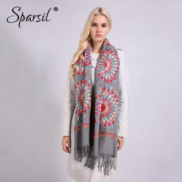 Planet Gates Women Quality Soft Cashmere Scarves Sun Flower Embroidery Warm Long Shawls Winter Knitted Scarf All Match Pashmina Wrap