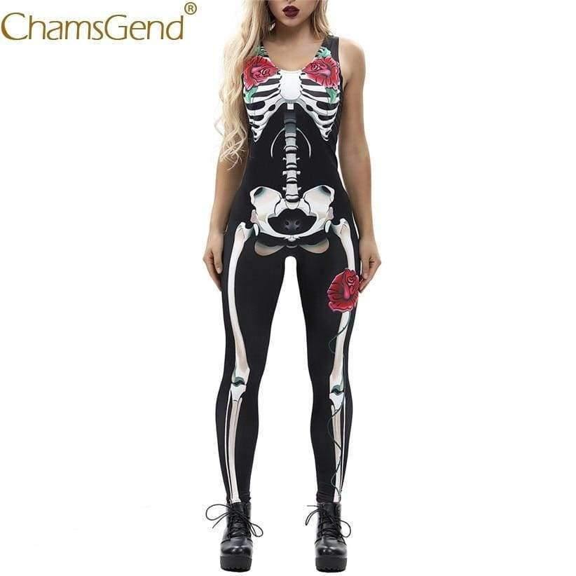 Planet Gates Women Rose Print Skeleton Horror Costume Sleeveless Skinny Jumpsuits Female Cosplay Bodysuits 80814