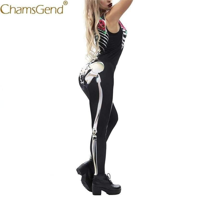 Planet Gates Women Rose Print Skeleton Horror Costume Sleeveless Skinny Jumpsuits Female Cosplay Bodysuits 80814