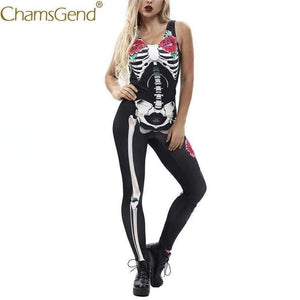 Planet Gates Women Rose Print Skeleton Horror Costume Sleeveless Skinny Jumpsuits Female Cosplay Bodysuits 80814