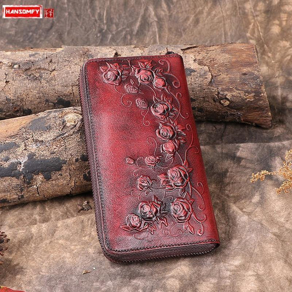 Planet Gates Women's wallet Retro flowers female long zipper wallets real genuine leather handbag card holder coins purses phone bag