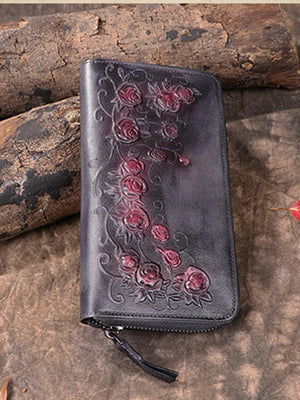 Planet Gates Women's wallet Retro flowers female long zipper wallets real genuine leather handbag card holder coins purses phone bag