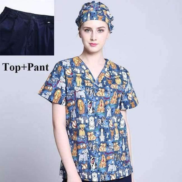 Planet Gates Women Scrub Sets 1 / S Hospital Clothing Man Woman Medical Scrub Top V Neck Printing Color Pet Doctors Operation Top Uniforms Top and Pant 2pcs