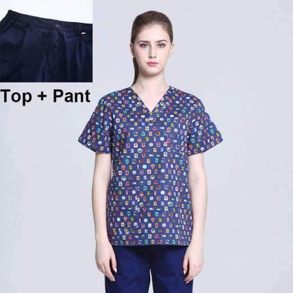 Planet Gates Women Scrub Sets 2 / S Hospital Clothing Man Woman Medical Scrub Top V Neck Printing Color Pet Doctors Operation Top Uniforms Top and Pant 2pcs