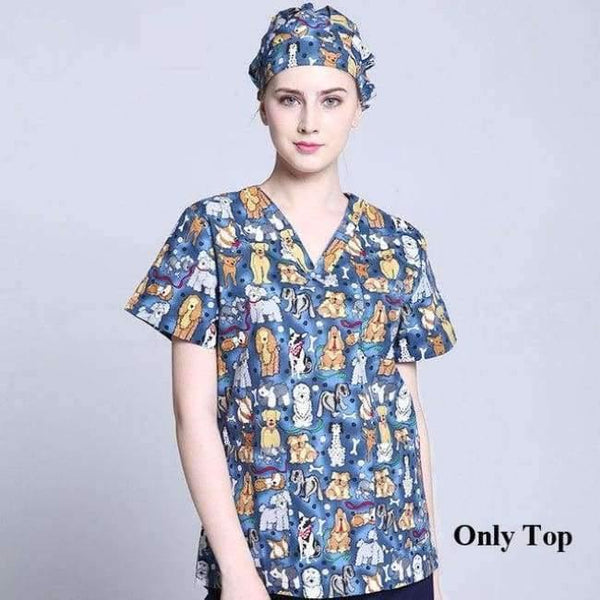 Planet Gates Women Scrub Top 1 / S Hospital Clothing Man Woman Medical Scrub Top V Neck Printing Color Pet Doctors Operation Top Uniforms Top and Pant 2pcs