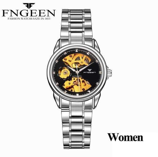 Planet Gates Women  Silver Black Skeleton Wristwatch for Women Horloge 30M Waterproof Steel Automatic Watch for Men Clock Lover's Watches