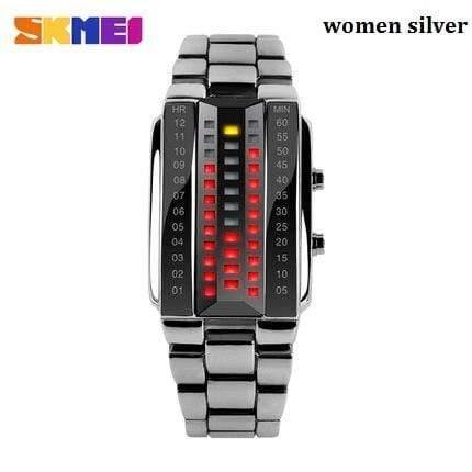 Planet Gates women silver Relogio masculino fashion skmei watch Lovers LED Men Women Stainless Steel Red Binary Luminous Electronic Display Sport watches