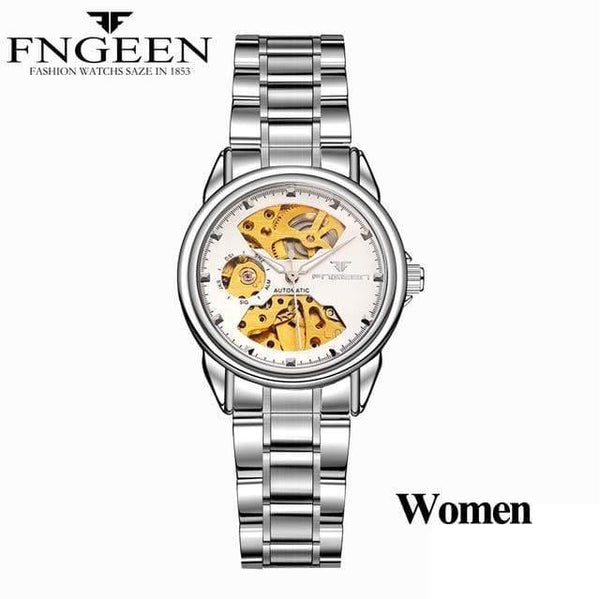 Planet Gates Women Silver White Skeleton Wristwatch for Women Horloge 30M Waterproof Steel Automatic Watch for Men Clock Lover's Watches