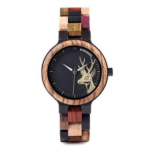 Planet Gates Women Size 38mm / China Lovers' Casual Quartz Watches Elk Design Natural Wooden Watch for Men Women with Mixed Colorful Wood Band in Gift Box