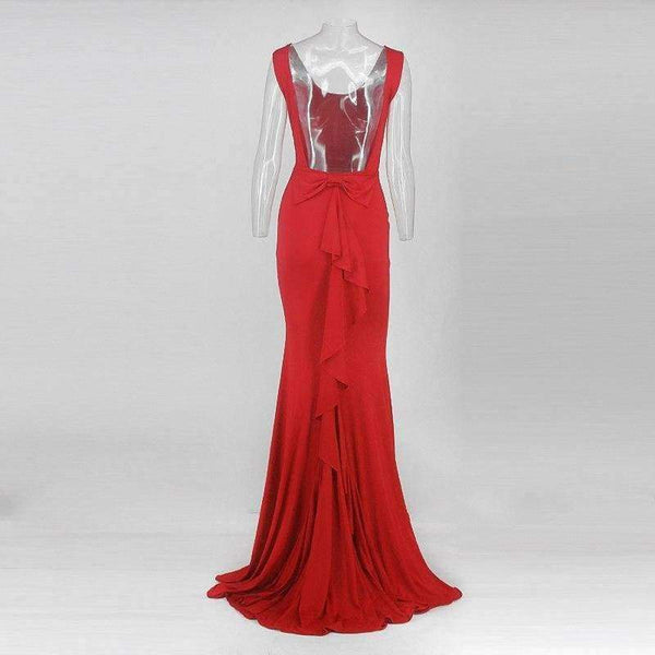 Planet Gates Women Summer Round Neck Solid Sleeveless Backless Sexy Package Hip Bow Tie Bodycon Flounce Fishtail Long Dress Party Dress