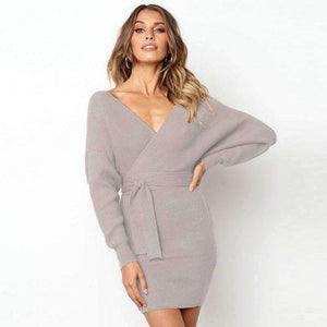 Planet Gates Women Sweater Dress Casual Solid Long Batwing Sleeve Mini Knit Dress Female Autumn Winter Sexy Party Dresses chifave