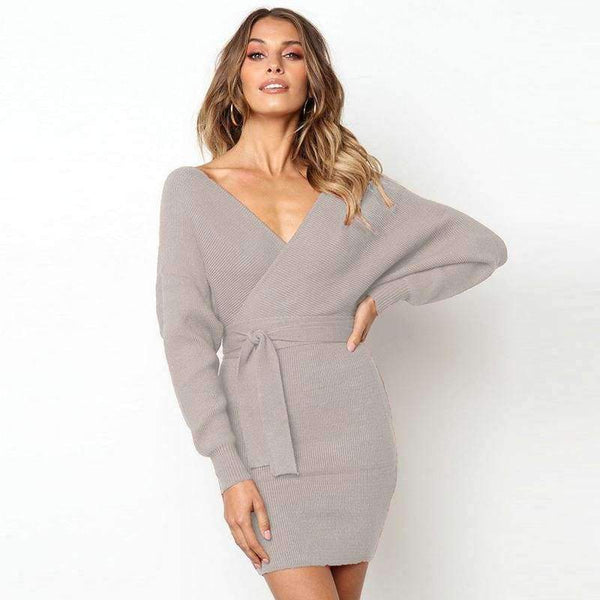 Planet Gates Women Sweater Dress Casual Solid Long Batwing Sleeve Mini Knit Dress Female Autumn Winter Sexy Party Dresses chifave
