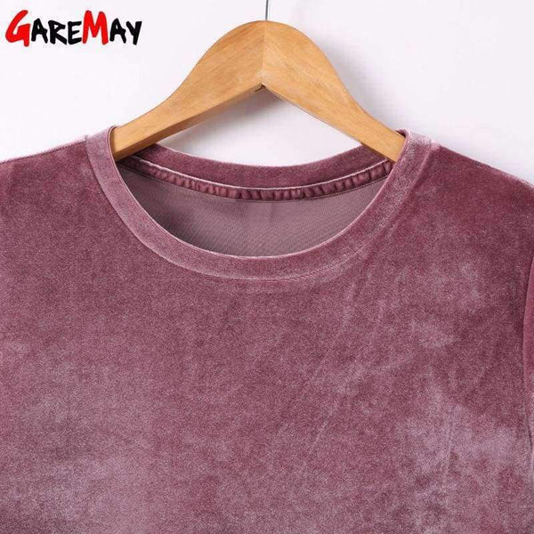 Planet Gates Women T Shirt Short Sleeve Crushed Velvet Summer Womens Tops And T Shirts O-Neck Woman Tee Shirt Femme Manche Courte