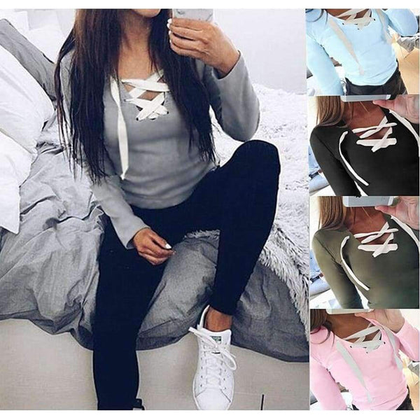 Planet Gates Women Tops Bandage T-Shirts Long Sleeve V-neck T Shirts Casual Sexy Ladies Tees Female camiseta feminina mujer GV371