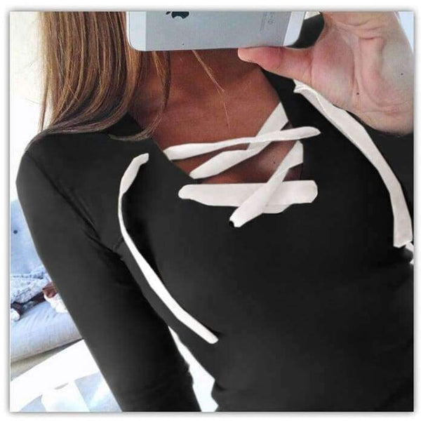 Planet Gates Women Tops Bandage T-Shirts Long Sleeve V-neck T Shirts Casual Sexy Ladies Tees Female camiseta feminina mujer GV371