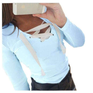 Planet Gates Women Tops Bandage T-Shirts Long Sleeve V-neck T Shirts Casual Sexy Ladies Tees Female camiseta feminina mujer GV371