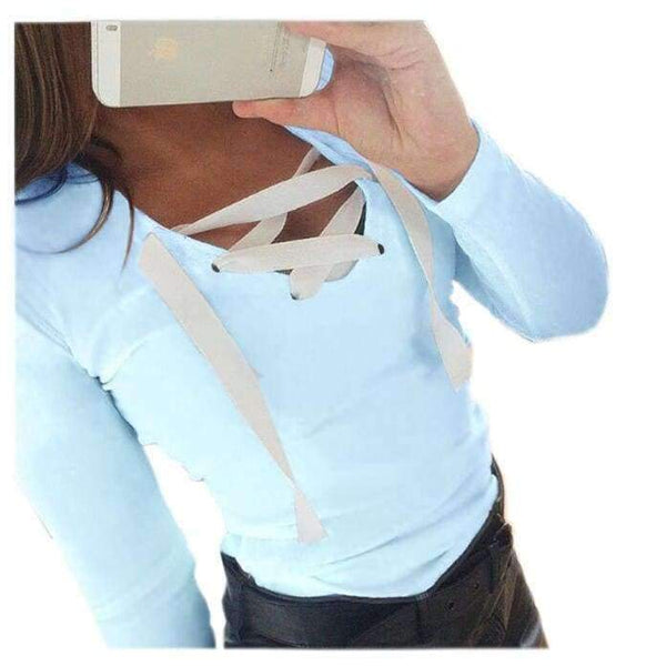 Planet Gates Women Tops Bandage T-Shirts Long Sleeve V-neck T Shirts Casual Sexy Ladies Tees Female camiseta feminina mujer GV371