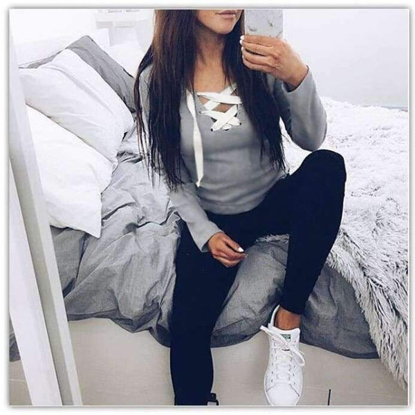 Planet Gates Women Tops Bandage T-Shirts Long Sleeve V-neck T Shirts Casual Sexy Ladies Tees Female camiseta feminina mujer GV371