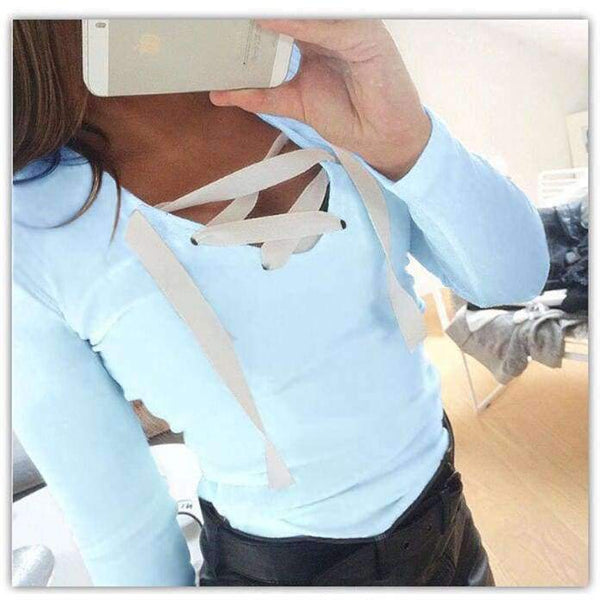 Planet Gates Women Tops Bandage T-Shirts Long Sleeve V-neck T Shirts Casual Sexy Ladies Tees Female camiseta feminina mujer GV371