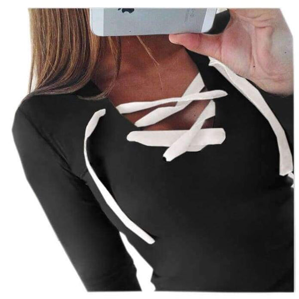 Planet Gates Women Tops Bandage T-Shirts Long Sleeve V-neck T Shirts Casual Sexy Ladies Tees Female camiseta feminina mujer GV371