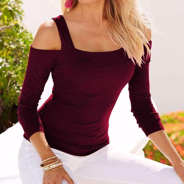 Planet Gates Women tops & tees Autumn Long Sleeve t-shirt feminina Casual Slim Solid Off Shoulder Top Shirt  Female 2018 Femme tshirt