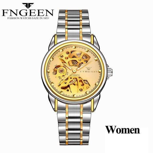 Planet Gates Women Two-tone Gold Skeleton Wristwatch for Women Horloge 30M Waterproof Steel Automatic Watch for Men Clock Lover's Watches