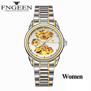 Planet Gates Women Two-tone White Skeleton Wristwatch for Women Horloge 30M Waterproof Steel Automatic Watch for Men Clock Lover's Watches