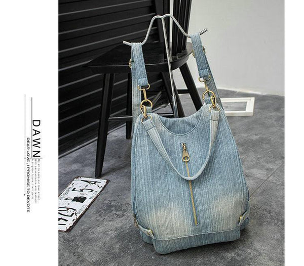 Women Vintage Washed Denim Jean Backpack Girl Fashion Multifunctional Travel Shoulder Bag Big Campus Mochila Bolsa B187 - Planet Gates