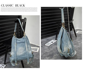 Planet Gates Women Vintage Washed Denim Jean Backpack Girl Fashion Multifunctional Travel Shoulder Bag Big Campus Mochila Bolsa B187