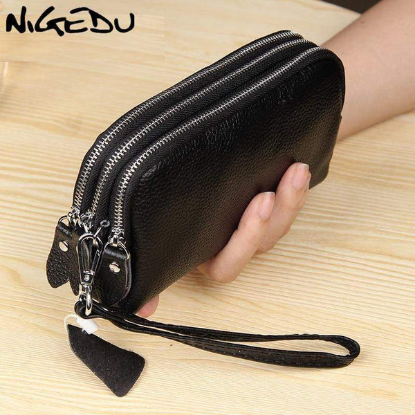 Planet Gates Women Wallet Genuine Leather 3 layers Zipper Wristlet Bag Big Capacity Lady Clutch Coin Purse Mobile phone bag black