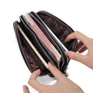 Planet Gates Women Wallet Genuine Leather 3 layers Zipper Wristlet Bag Big Capacity Lady Clutch Coin Purse Mobile phone bag black