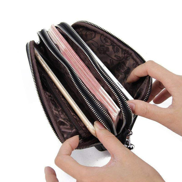 Planet Gates Women Wallet Genuine Leather 3 layers Zipper Wristlet Bag Big Capacity Lady Clutch Coin Purse Mobile phone bag black