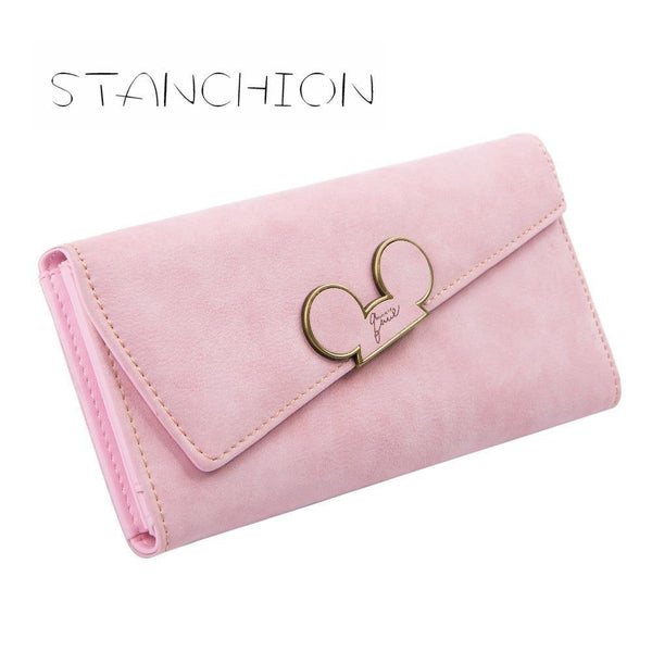 Planet Gates Women Wallets Faux Leather Long Section Hasp Purse Mickey Head Oblique Cover Type Three Fold Clutch Coin Pocket Card Holder