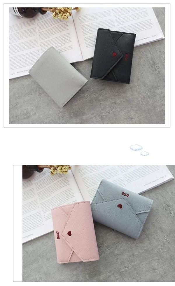 Planet Gates Women Wallets Purse  Mini Wallet Love Heart-shaped Embroidery Line Lychee Pattern Multifunctional Wallet 3 Fold Small Wallet