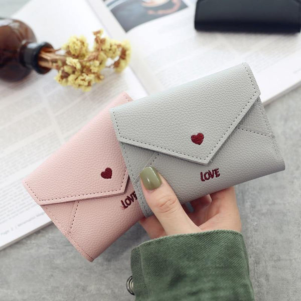 Planet Gates Women Wallets Purse  Mini Wallet Love Heart-shaped Embroidery Line Lychee Pattern Multifunctional Wallet 3 Fold Small Wallet