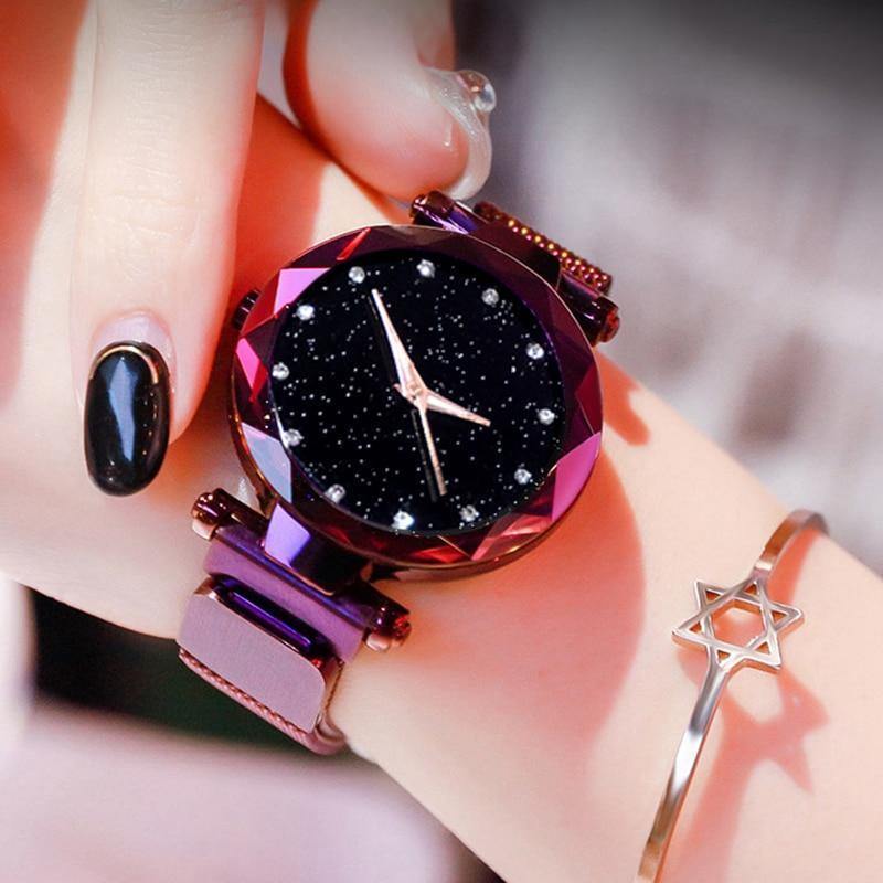 Planet Gates Women Watches Mesh Ladies Clock Magnet Buckle Starry Diamond Geometric Surface Casual Dress Quartz Wristwatch