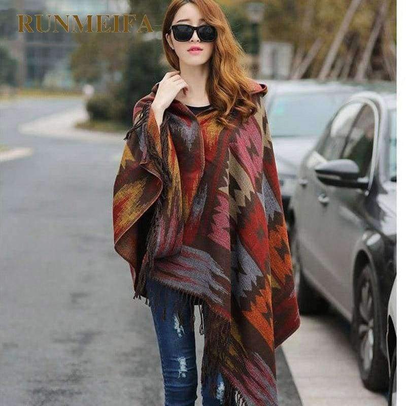 Planet Gates Women Winter Bohemian Hooded Coat Cape Wrap Poncho Shawl Scarf cotton and acrylic Tribal Fringe New Hoodie Dropshipping