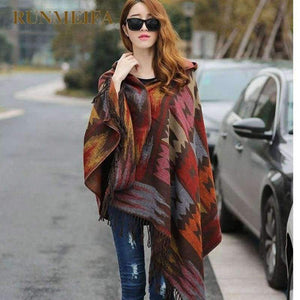 Planet Gates Women Winter Bohemian Hooded Coat Cape Wrap Poncho Shawl Scarf cotton and acrylic Tribal Fringe New Hoodie Dropshipping