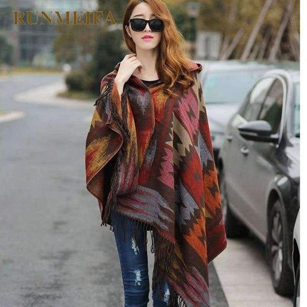 Planet Gates Women Winter Bohemian Hooded Coat Cape Wrap Poncho Shawl Scarf cotton and acrylic Tribal Fringe New Hoodie Dropshipping