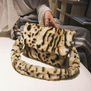 Planet Gates Women Winter Faux Fur Shoulder Bag Fashion Handbag lady Leopard print Handbags Female Party Small Girls Tote Bag Christmas Gift