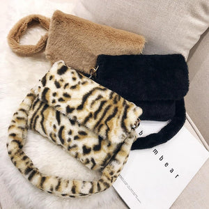 Planet Gates Women Winter Faux Fur Shoulder Bag Fashion Handbag lady Leopard print Handbags Female Party Small Girls Tote Bag Christmas Gift