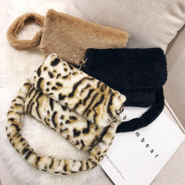 Planet Gates Women Winter Faux Fur Shoulder Bag Fashion Handbag lady Leopard print Handbags Female Party Small Girls Tote Bag Christmas Gift