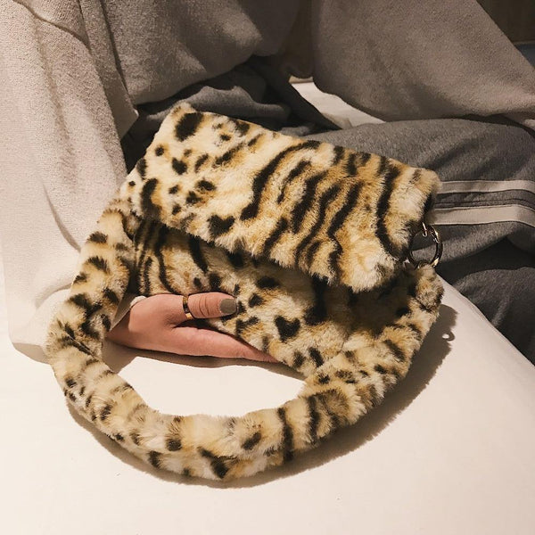 Planet Gates Women Winter Faux Fur Shoulder Bag Fashion Handbag lady Leopard print Handbags Female Party Small Girls Tote Bag Christmas Gift