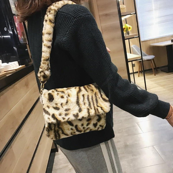 Planet Gates Women Winter Faux Fur Shoulder Bag Fashion Handbag lady Leopard print Handbags Female Party Small Girls Tote Bag Christmas Gift