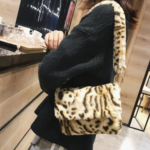 Planet Gates Women Winter Faux Fur Shoulder Bag Fashion Handbag lady Leopard print Handbags Female Party Small Girls Tote Bag Christmas Gift